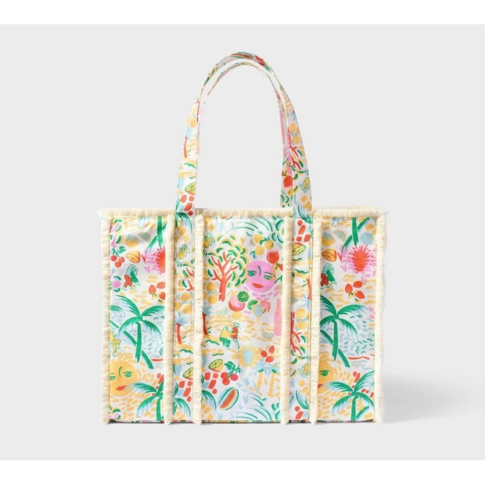 Roller Rabbit x Target Vacation Tropical Print Canvas Fringe Tote Bag Cream